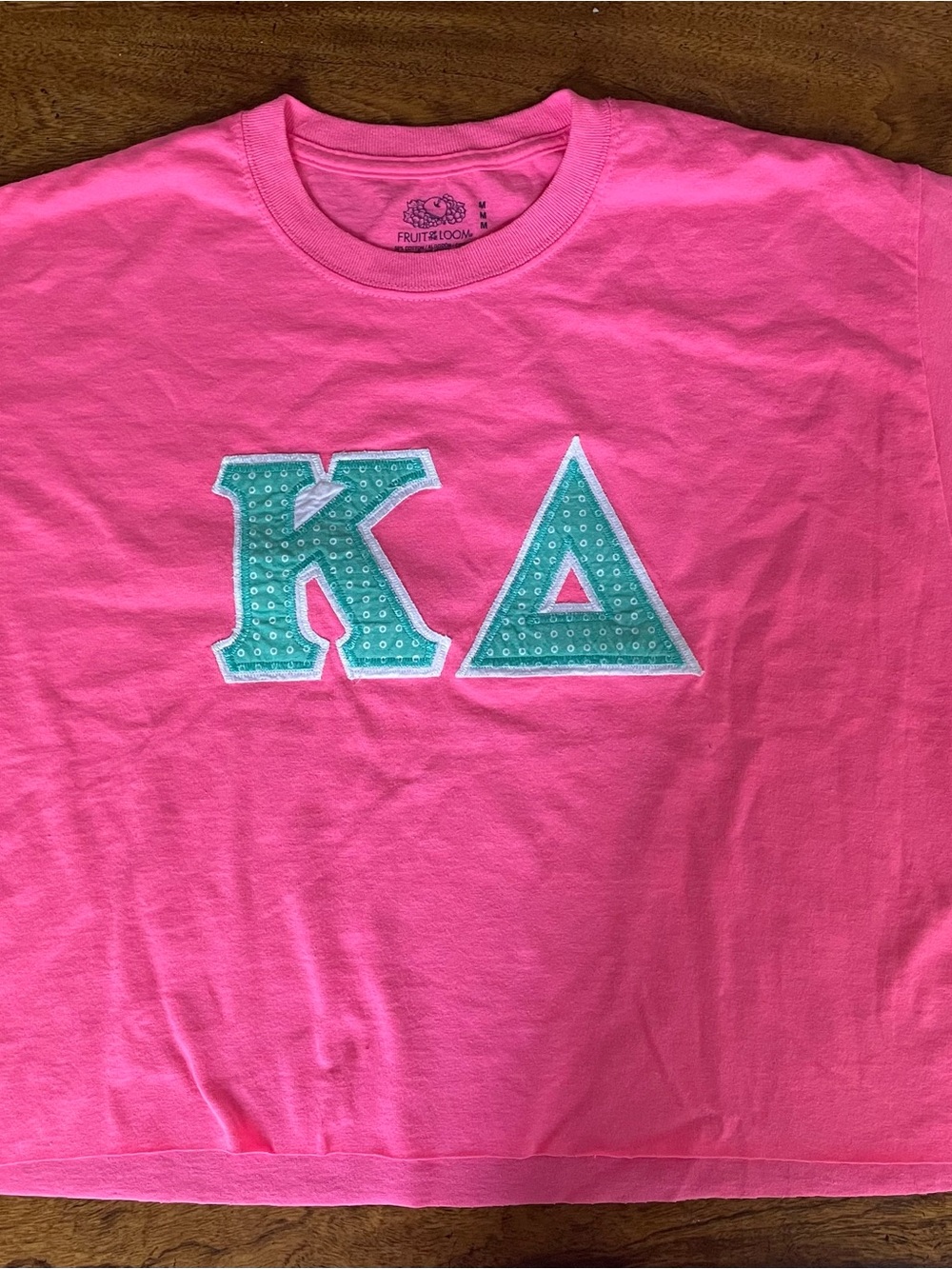 Fruit of the Loom Pink Short-Sleeve Tee with Teal Kappa Delta Letters